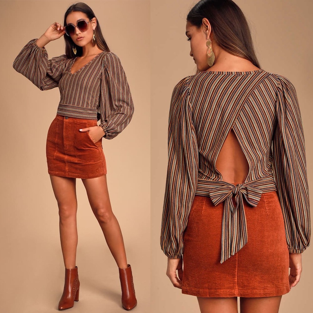 Free People Autumn Nights Navy Multi Striped Tie-Back Top XS OB1015984